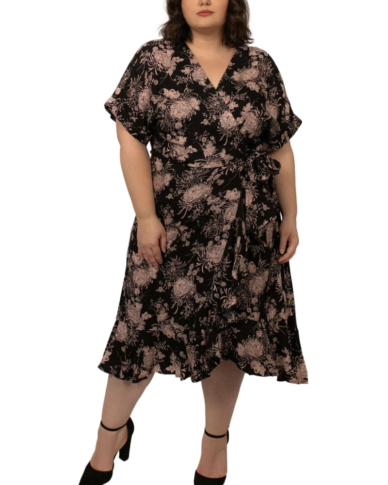 Front of a model wearing a size XL Victoria Crossover Wrap Dress Floral Black in Black by ANNICK. | dia_product_style_image_id:290461